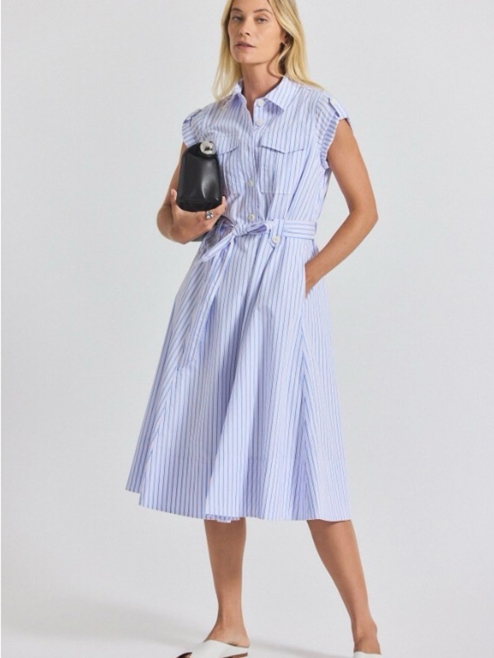 10 Crosby Derek Lam Light Blue and White Striped Midi Shirt Dress